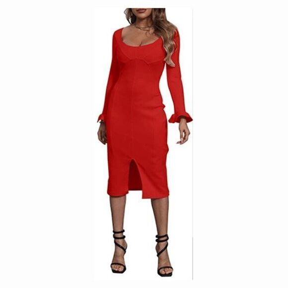 ❤️ Long Ruffle Sleeve Front Slit Bodycon Boat Neck Party Midi Red Dress M NEW - Picture 3 of 17